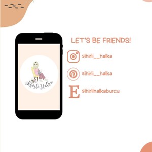 May include: A smartphone displays a logo with a cartoon illustration of a person in a headscarf. The text "LET'S BE FRIENDS!" is above social media icons for Instagram, Pinterest, and Etsy, with corresponding usernames.