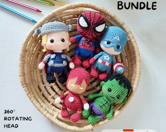 May include: A 5-in-1 bundle of five crocheted superhero dolls featuring Spider-Man, Captain America, Thor, Iron Man, and Hulk. The dolls have 360-degree rotating heads and are low-sew designs. The text 5-in-1 BUNDLE, 360-degree ROTATING HEAD, and LOW-SEW are visible.