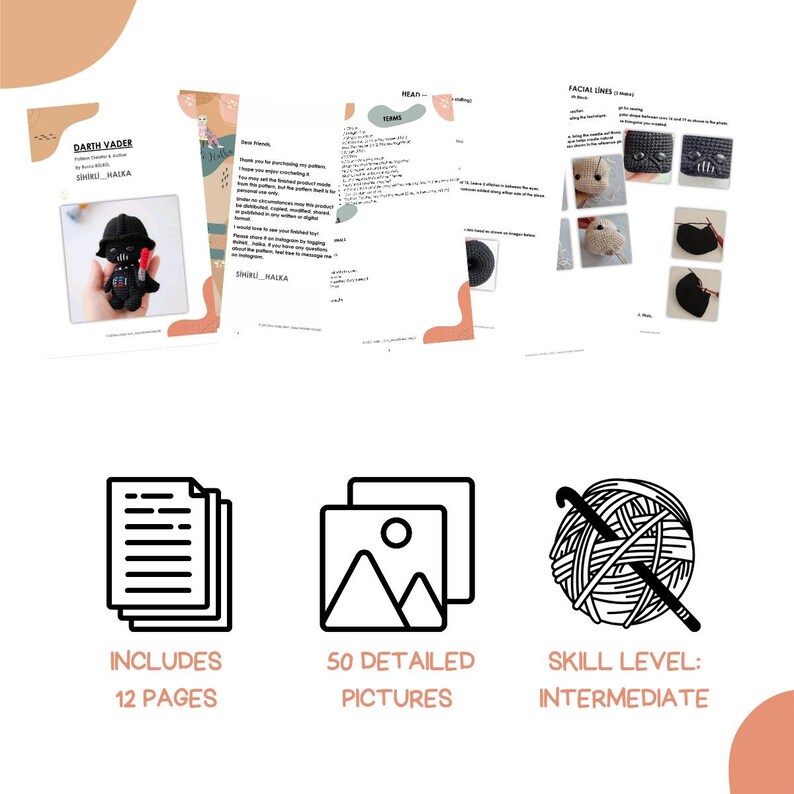 May include: A collection of crochet patterns, including a Darth Vader design, with the text "DARTH VADER" and "SINIRU HALKA". The image also includes icons indicating 12 pages, 50 detailed pictures, and an intermediate skill level.
