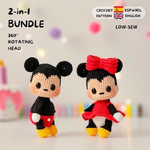 May include: Two crochet dolls featuring black ears, tan faces, and black bodies. One doll wears red shorts with white buttons, and the other wears a red skirt with a large red bow. Text reads 2-in-1 BUNDLE, 360° ROTATING HEAD, LOW-SEW, CROCHET PATTERN ESPAÑOL ENGLISH.