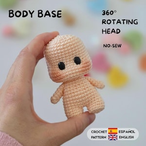 May include: A peach-colored crochet doll body base with a 360-degree rotating head and black plastic eyes. The text on the image reads: BODY BASE, 360 DEGREE ROTATING HEAD, NO-SEW, CROCHET PATTERN, ESPAÑOL, ENGLISH, with Spanish and British flags.