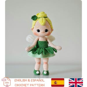 Amigurumi Tinkerbell Crochet Pattern –Flying Fairy Doll  – Handmade Character with Green Dress and Wings – English + Español PDF Tutorials