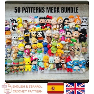 Puede incluir: Una colección de 56 patrones de crochet, con una variedad de muñecos amigurumi hechos a mano y coloridos. Los muñecos incluyen personajes de dibujos animados y otras figuras caprichosas. La imagen incluye el texto "56 PATTERNS MEGA BUNDLE" y "ENGLISH & ESPAÑOL CROCHET PATTERN".