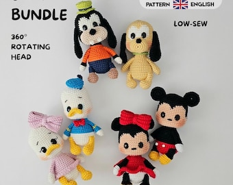 Könnte beinhalten: Sechs gehäkelte Charakterpuppen, darunter Goofy, Pluto, Donald Duck, Daisy Duck, Minnie Maus und Mickey Maus. Der Text lautet 6-in-1 BUNDLE, CROCHET PATTERN, ESPAÑOL, ENGLISH, LOW-SEW und 360° ROTATING HEAD. Jede Puppe hat ein eigenes Farbschema.