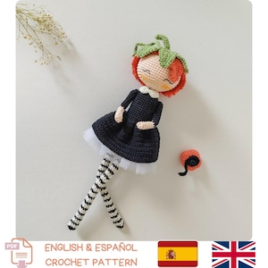 Amigurumi Halloween Dolls Crochet Pattern –Pumpkin Hair Girl – English + Spanish PDF Instant Download