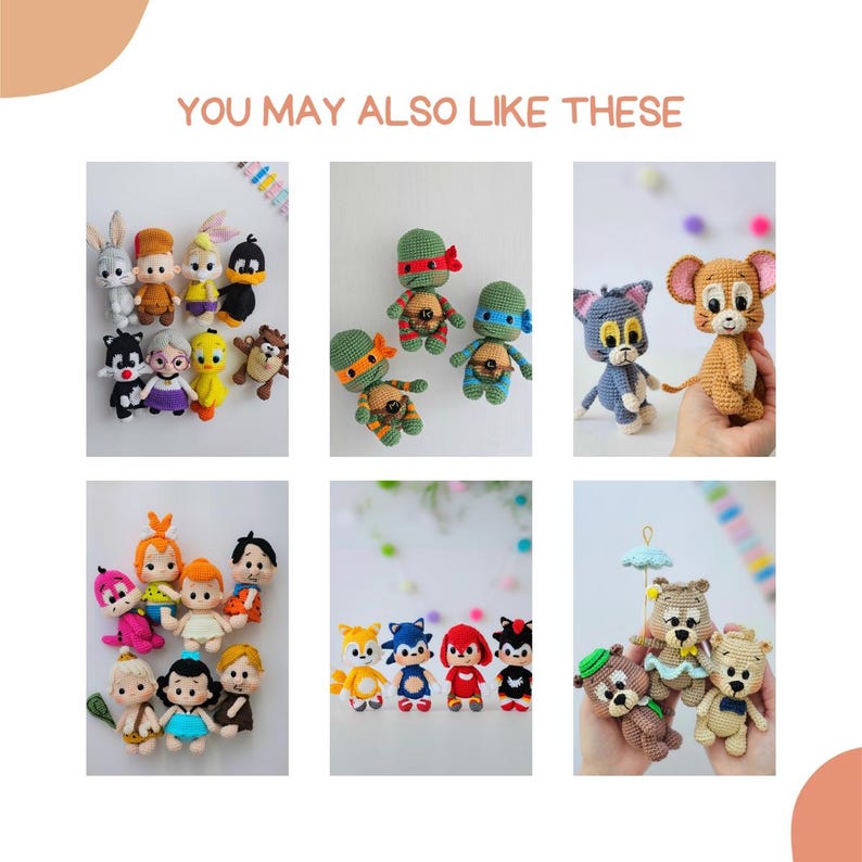 May include: A collection of handmade crochet dolls featuring various cartoon characters. The dolls include characters from Looney Tunes, Teenage Mutant Ninja Turtles, Tom and Jerry, and other animated series. The dolls are in various colors and sizes.