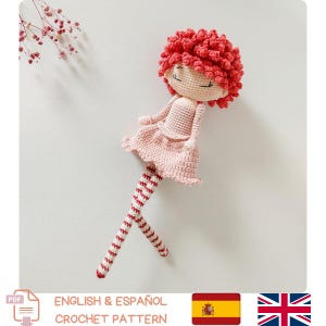 赤い巻き毛の編みぐるみ人形の編み図 – 英語 + スペイン語 PDF 即時ダウンロード