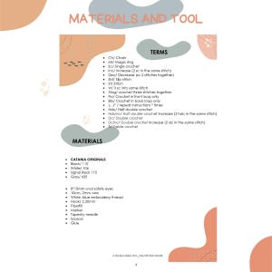 May include: A page from a crochet pattern with the title "MATERIALS AND TOOL". It lists crochet terms, Catania Originals yarn colors, and other materials like safety eyes, wire, embroidery thread, a hook, fiberfill, a marker, a tapestry needle, scissors, and glue.