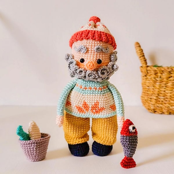 Poupée Amigurumi Fisherman Ismail, poisson et seau, modèle anglais