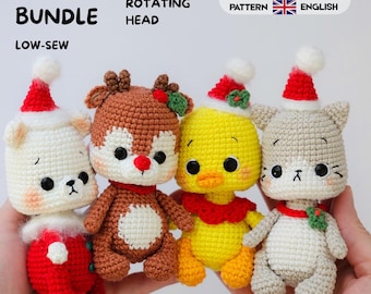 May include: A 4-in-1 crochet pattern bundle featuring four small stuffed animals: a white bear, a brown reindeer, a yellow duck, and a gray cat. Each animal wears a red and white Santa hat and has a rotating head. Text includes 4-in-1 BUNDLE, 360° ROTATING HEAD, LOW-SEW, CROCHET PATTERN, ESPAÑOL, and ENGLISH.