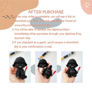 May include: The image shows three crocheted Darth Vader figures with red lightsabers. The figures are black with white details. The text "AFTER PURCHASE" and purchase instructions are also visible.