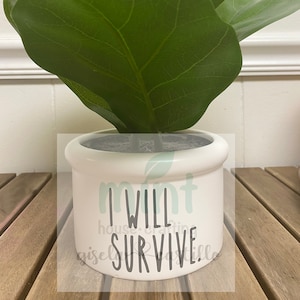 May include: White ceramic planter with a green leaf design and the text "I Will Survive" in black lettering. The planter is filled with a green artificial plant.