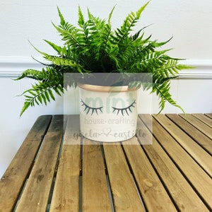 May include: A white ceramic planter with a copper rim and a green and white design of eyelashes and the text "mint house-crafting girela eastlle". The planter is filled with a green fern plant.