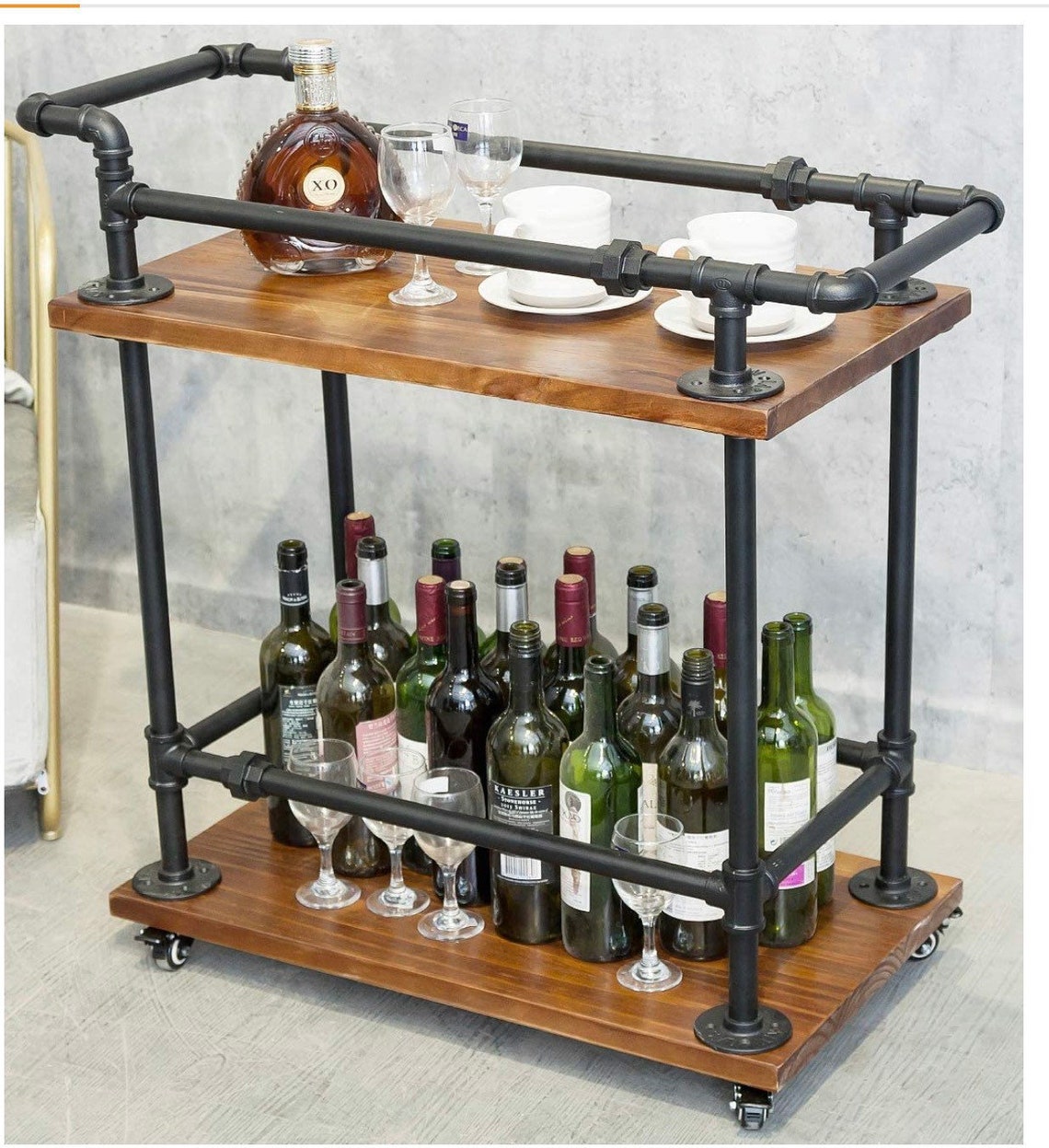 Industrial style wood and pipe bar cart. rustic design Etsy
