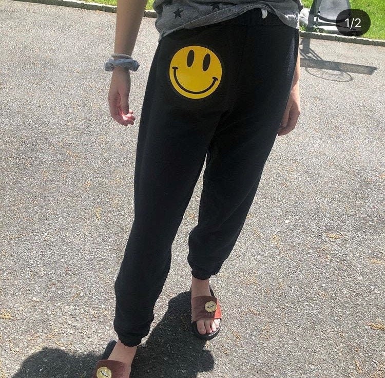 sweatpants with smiley face