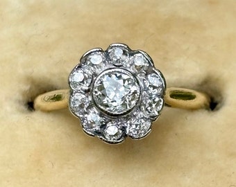 Antieke Diamond Daisy Ring/Cluster Ring/18CT Goud/18KT/Platinum/Oude Cut Diamond/Mine Cut/Verlovingsring/Vintage/Art Deco