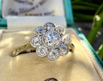 Antique Old Cut Diamond Daisy Ring, 18CT White Gold & Platinum 1CT Cluster ring, Old European Cut, OEC