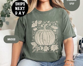 Camiseta Comfort Colors con estampado floral de calabaza, camiseta con diseño estético otoñal.