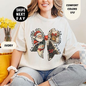 Camisa navideña vintage con lazo Comfort Colors, camiseta navideña coqueta para mujer, camiseta de Feliz Navidad