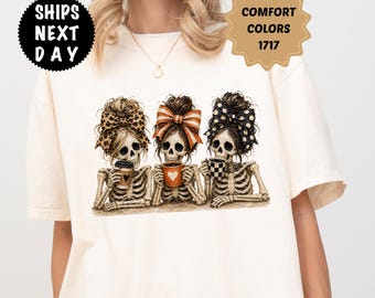 Comfort Colors Halloween Skeleton Friends Shirt, Coffee Lover Skeleton Tee, Spooky Fall Apparel