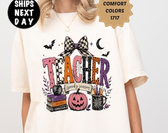 Comfort Colors Halloween Teacher Shirt, Coquette Bow Spooky  Season Tee, Pumpkin School Apparel