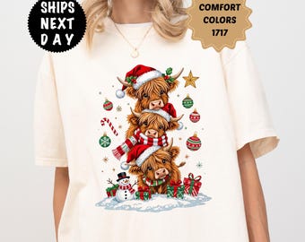 Comfort Colors Christmas Highland Cow Shirt, Farmhouse Holiday Tee, Cozy Winter T-Shirt