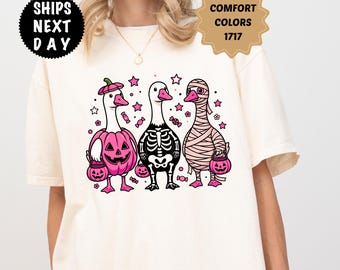 Comfort Colors Pink Halloween Goose Shirt, Spooky Geese Tee, Pumpkin Costume Autumn Apparel