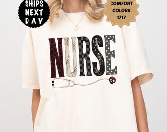 Comfort Colors Spooky Nurse Shirt, Halloween Nursing Tee, Skeleton RN T-Shirt
