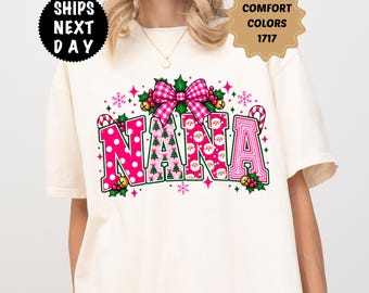 Comfort Colors Pink Christmas Nana Shirt, Custom Xmas Nana Tee, Holiday Family T-Shirt
