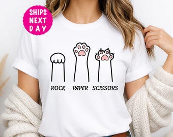 Camiseta divertida con huella de gato: Camiseta de piedra, papel o tijera, regalo para amantes de los gatos.