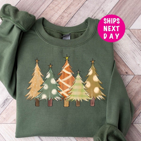 Christmas Tree Sweatshirt, Winter Cozy Hoodie For Women, Christmas Sweatshirt Gift, Xmas Watercolor Trees  Hoody, Unisex Holiday Sweatshirt