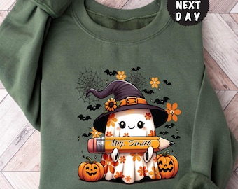 Custom Ghost Teacher Sweatshirt, Personalized Halloween Hoodie, Floral Witch Hat Outfit, Pumpkin School Apparel