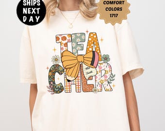 Comfort Colors Custom Floral Teacher Shirt, Personalized Bow Educator Name Tee, Back to School