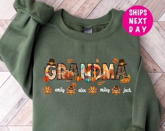 Personalized Thanksgiving Turkey Grandma Sweatshirt - Custom Kid Names