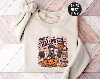Howdy Halloween Sweatshirt, Western Spooky Season Sweat, Striped Pumpkin Cowboy Hoodie