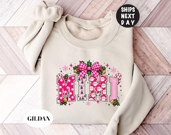 Custom Pink Christmas Nana Sweatshirt, Christmas Family Matching Hoodie, Xmas Bow Santa Crewneck