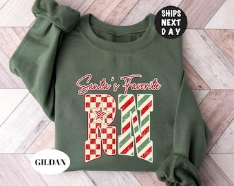 Santa's Favorite RN Sweatshirt, Retro Custom Christmas Nurse Hoodie, Stripes Xmas Holiday Crewneck
