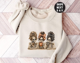 Preppy Halloween Skeleton Sweatshirt, Spooky Season Coffee Lover Hoodie, Coquette Bow Skull Girl Top