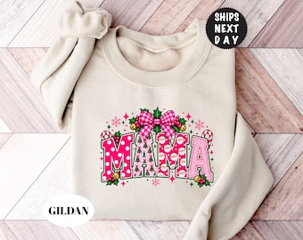 Pink Christmas Mama Sweatshirt, Custom Christmas Family Matching  Hoodie, Coquette Bow Xmas Santa Pullover