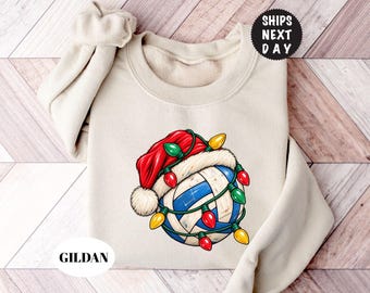 Christmas Volleyball Sweatshirt, Xmas Sports Ball Hoodie, Santa Hat Crewneck