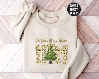 Oh Come Let Us Adore Him Sweatshirt, Leopard Christmas Tree Hoodie, Xmas Mom Gift