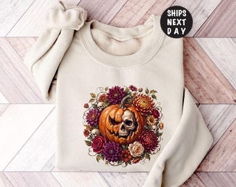 Gothic Halloween Pumpkin Skull Sweatshirt, Botanical Dark Fall Hoodie, Floral Spooky Season Top
