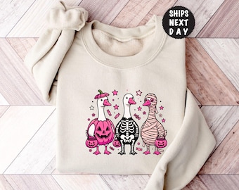 Pink Halloween Goose Sweatshirt, Funny Skeleton Geese Hoodie, Trick Or Treat Sweat, Spooky Season