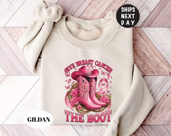 Give Breast Cancer The Boot Sweatshirt, Cowgirl Cancer Awareness Hoodie, Western Pink Ribbon Pullover