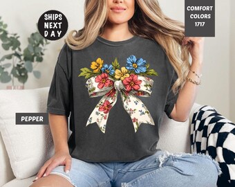 Comfort Colors Floral Bow Shirt - Spring Coquette Tee