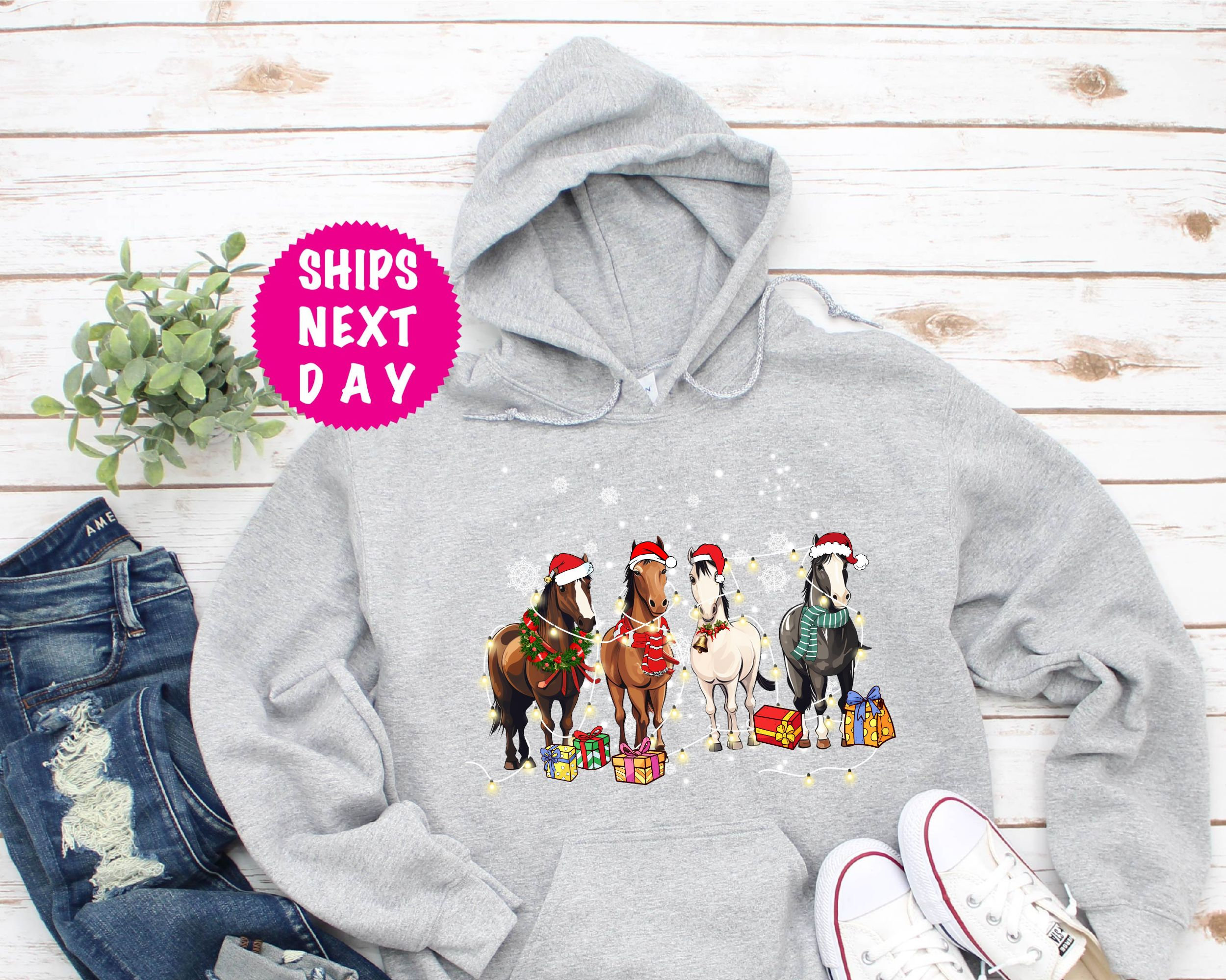 Sweat à Capuche Fille – Imprimé Chevaux De Noël – Manches Longues, Col Rond – Taille S – Pour Automne/hiver