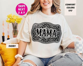 Camiseta Western Mama de Comfort Colors: Camiseta de vaquera a la moda para rodeos.