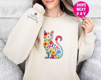 Custom Cat Mom Sweatshirt, Personalized Pet Name on Sleeve, Cat Lover Gift