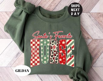 Santa's Favorite Nurse Sweatshirt, Custom  Leopard Christmas Nurse Hoodie, Retro Xmas Holiday Pullover