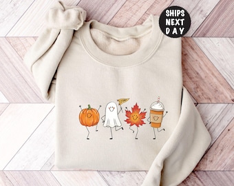 Happy Fall Doodle Sweatshirt, Autumn Leaf Ghost Pumpkin Latte Characters Sweat, Fall Halloween Hoodie